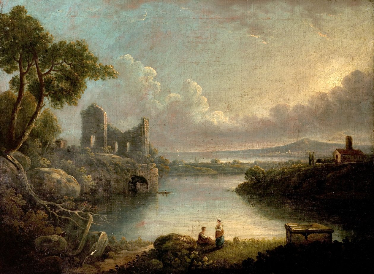 Flodscene med hav og klassiske ruiner af Richard Wilson