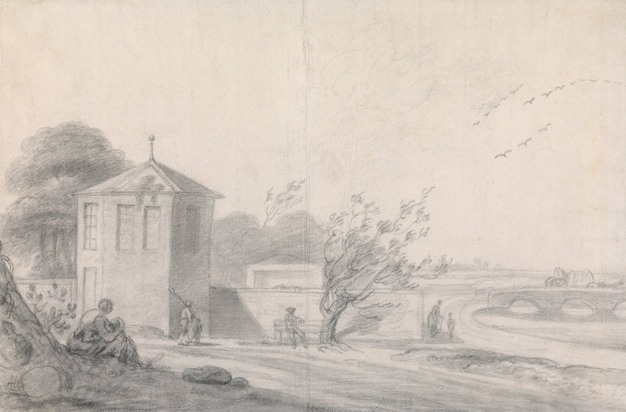 Riverside Scene med figurer, sekskantet bygning til venstre og hestetrukket vognkrydsningsbro til højre af Richard Wilson