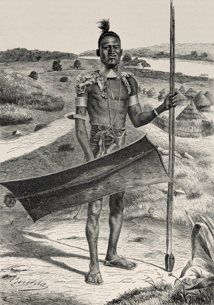 Shuli Warrior fuldt udstyret: Landsby i baggrunden, fra The History of Mankind af prof. Friedrich Ratzel, pub. i 1904 af Richard Buchta