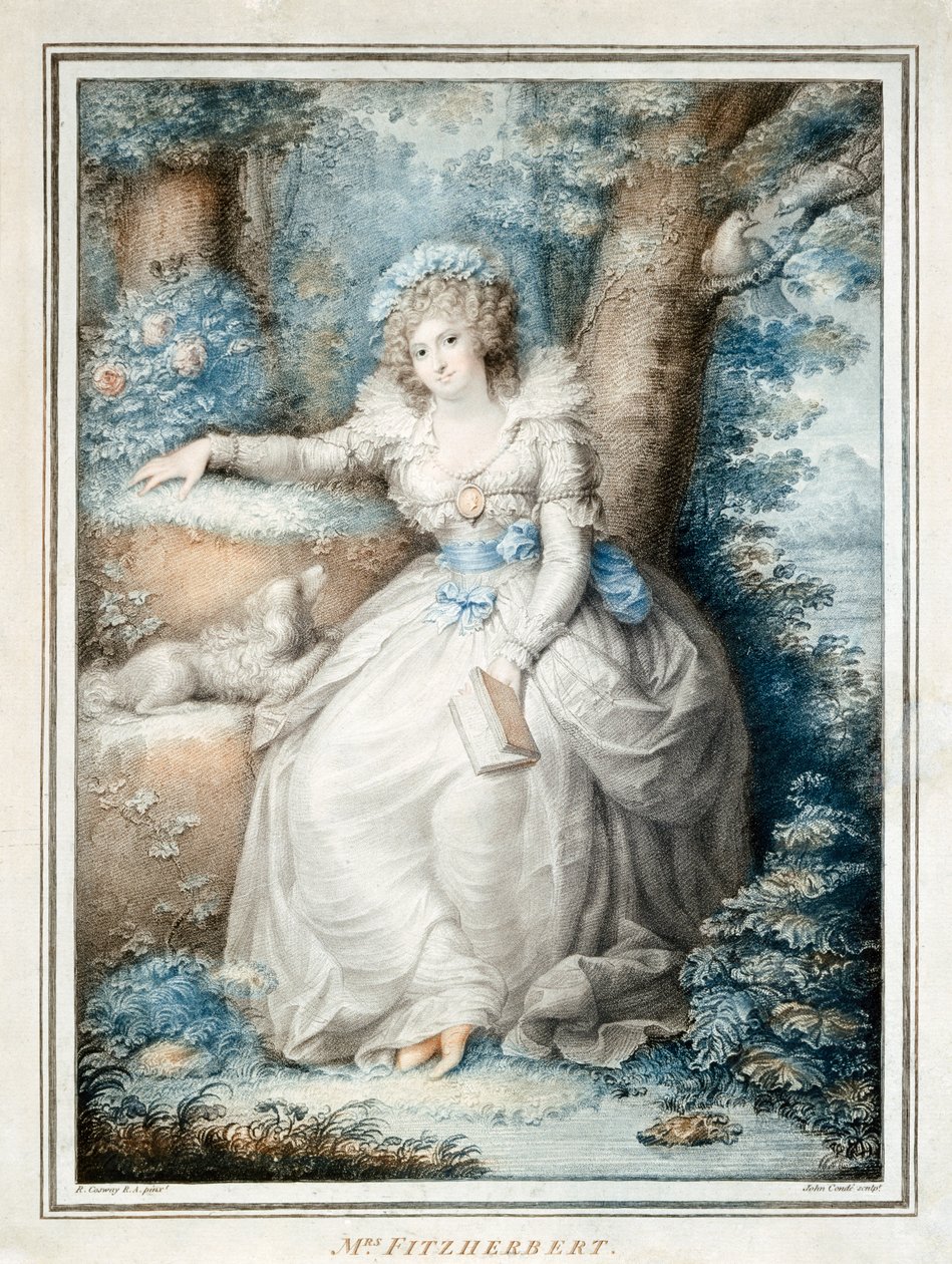 Fru Fitzherbert (farve litho) af Richard (after) Cosway