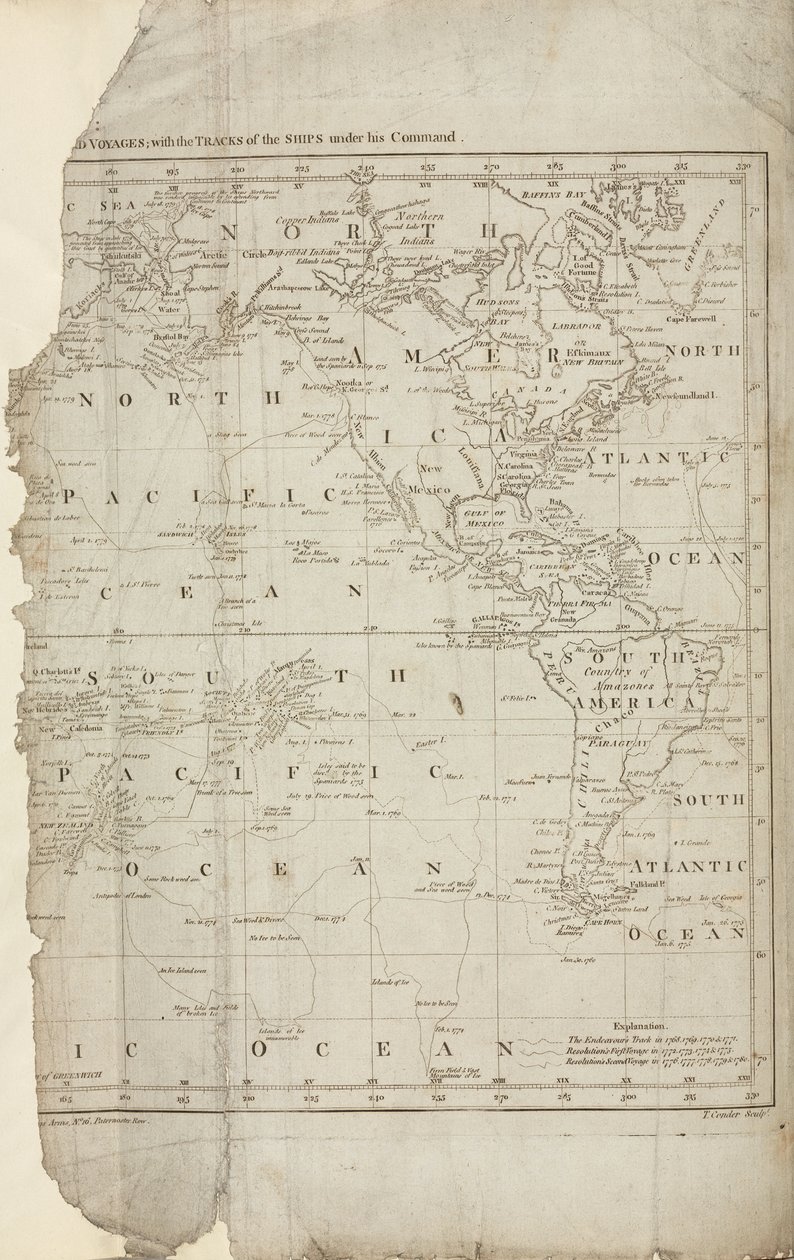 Kort over Cooks rejser, ca 1780 af John Pardon
