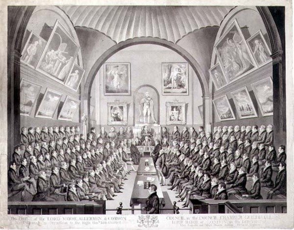 Overborgmesteren, rådmænd og byrådet i rådssalen Guildhall, London, graveret af Thomas Sutherland (f.o.1785), udgivet 1825 (litografi) af Richard (after) Dighton