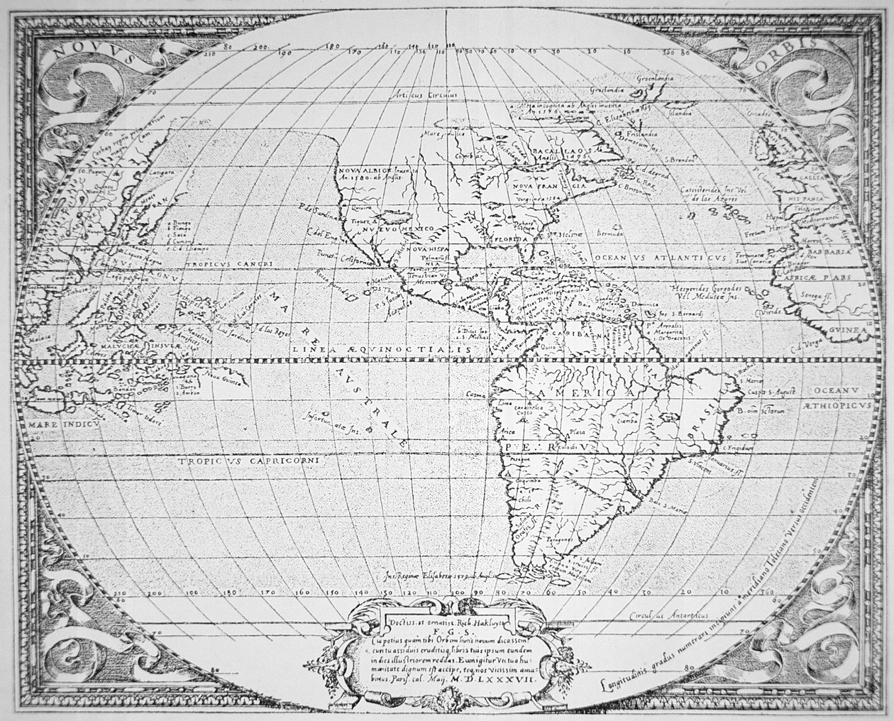Kort over den nye verden 1587 (litho) af Richard (after) Hakluyt