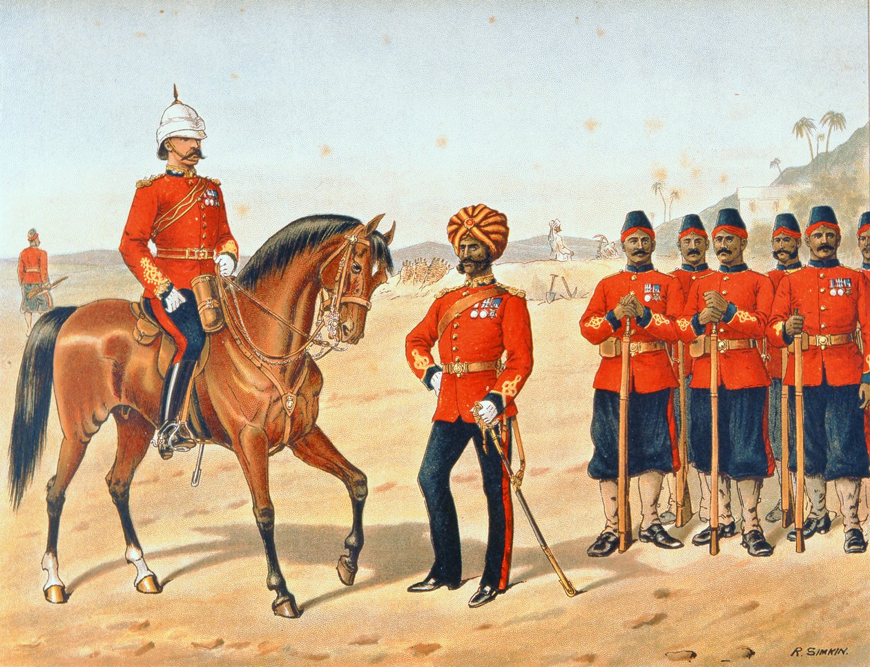 Dronningens egne Madras Sappers and Miners, Review Order, Anglo-Indian Army of the 1880s (color litho) af Richard (after) Simkin