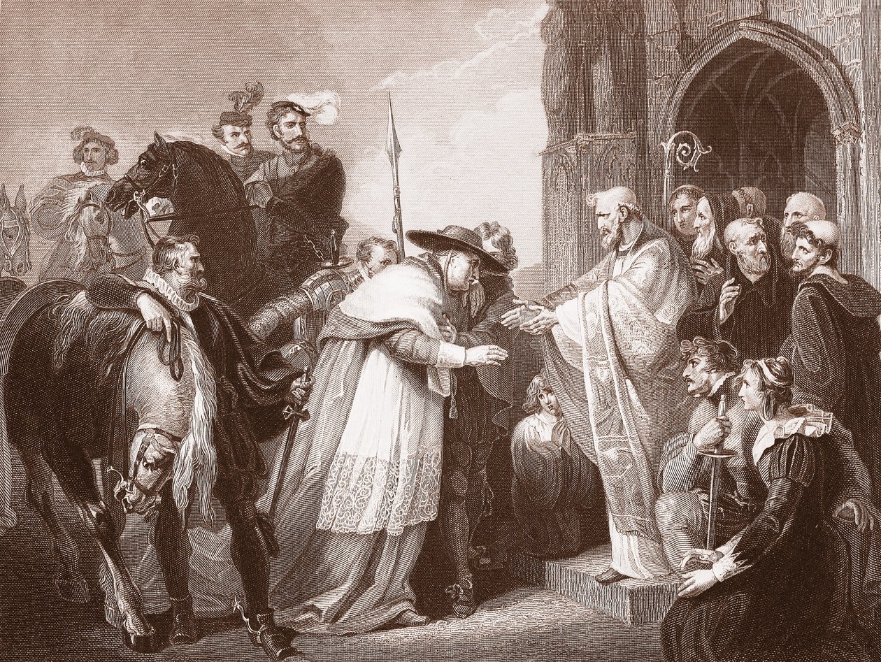 Kardinal Wolsey ved Leicester Abbey, graveret af R. Walther (litho) af Richard (after) Westall