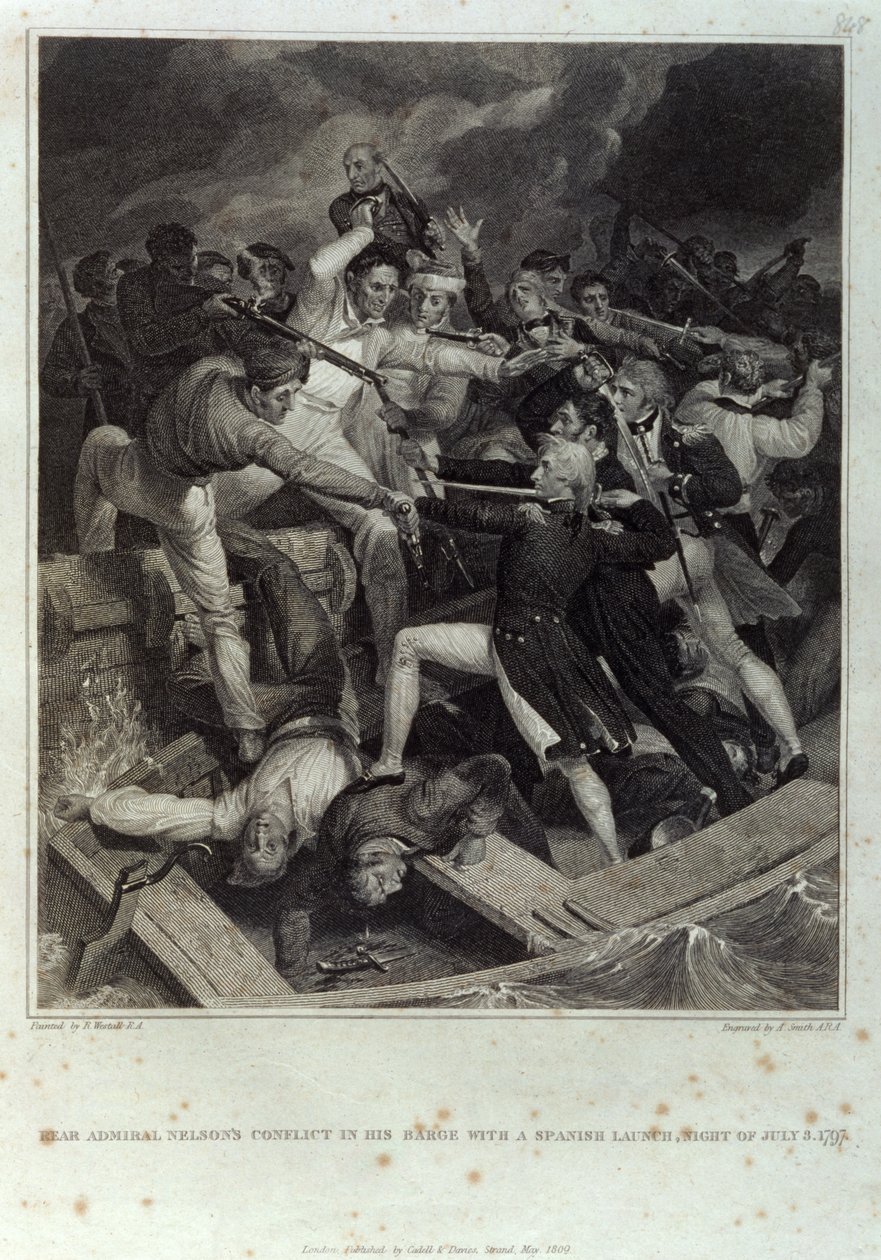 Kontreadmiral Nelsons konflikt i sin pram med en spansk opsendelse, nat den 3. juli 1797, indgraveret af A. Smith, udgivet af Cadell & Davies, maj 1809 (gravering) af Richard (after) Westall