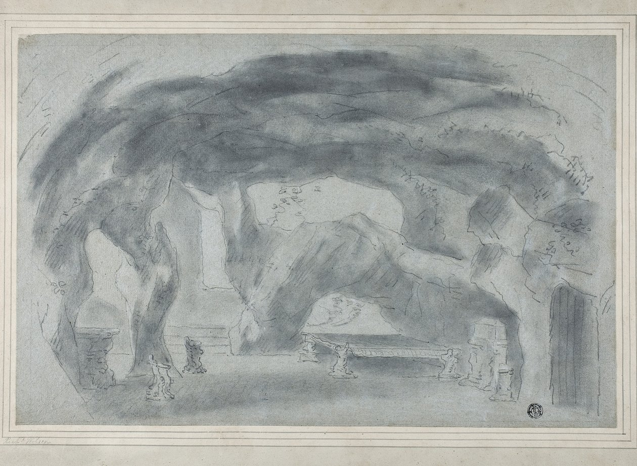 Interiør af en grotte (sort kridt med stumpning, forhøjet med strejf af hvidt kridt, på blåt lagt papir, lagt ned på kort) af Richard (attr.to) Wilson