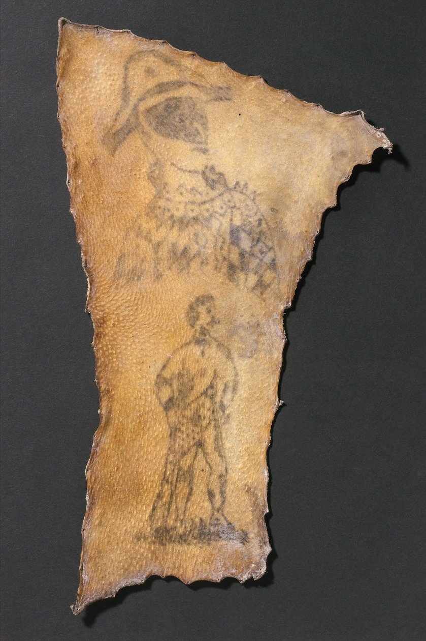 Menneskehud, tatoveret med harlekin og figur af Samson, fransk