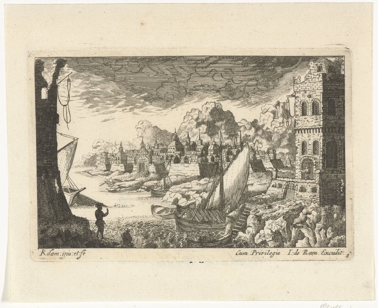 Bybillede med fiskerihavn og fortøjningsbåd Bylandskaber og havne (serietitel) af Richard Adam
