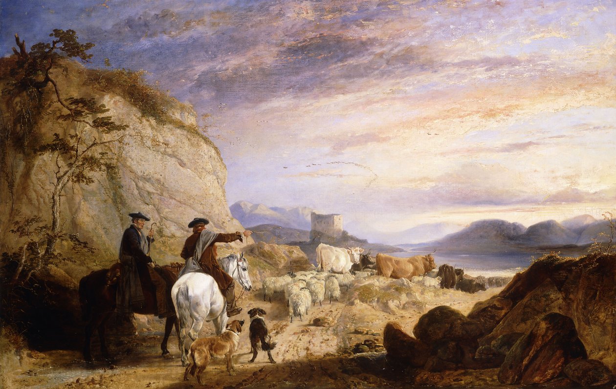 Highland Drovers og hunde, der driver deres får og kvæg i et klippefyldt skovlandskab, 1846 af Richard Ansdell