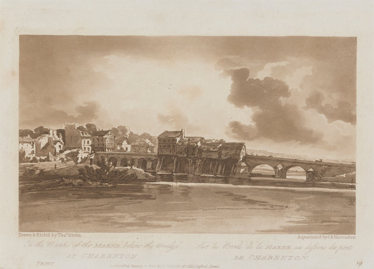 På bredden af Marne under broen ved Charenton 1803; Plade 19 fra Views in Paris, Emanuel Volume-sporingen af pladen B1981.25.2628 af Richard Banks Harraden