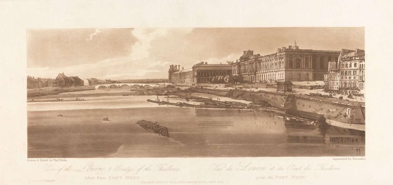 Udsigt over Louvre og Thuilleries bro, taget fra Pont Neuf. 1802; Plade 2 fra Views in Paris, Emanuel Volume Tracing af pladen, B1981.25.2613 af Richard Banks Harraden