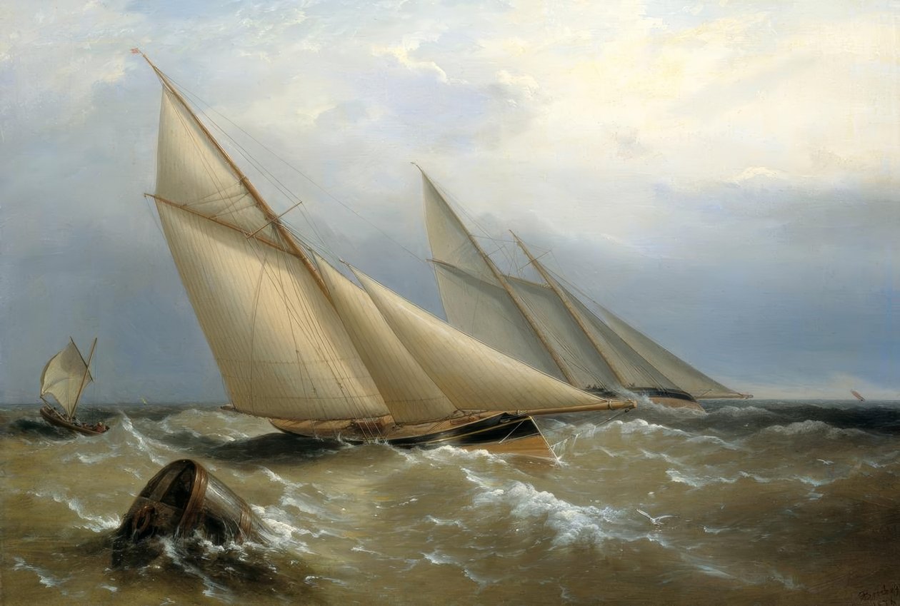 En skonnert- og kutteryacht, der runder en bøje af Richard Brydges Beechey