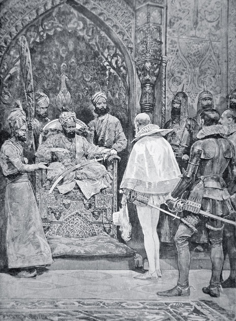 Akbar den Store modtager dronning Elizabeths ambassadør i 1599 (litografi) af Richard Caton (after) Woodville