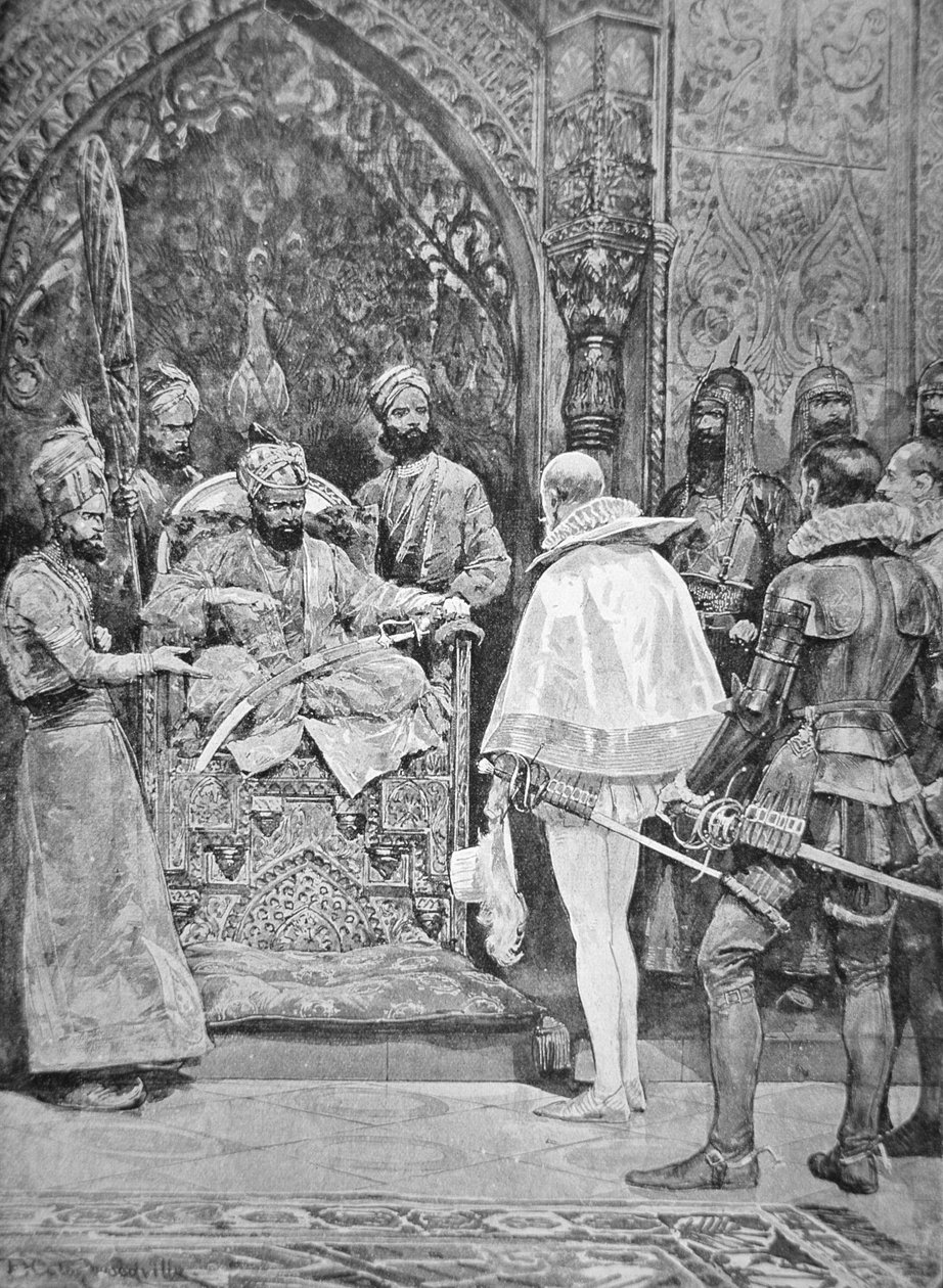 Den engelske ambassadør i Indien i 1615 (litho) af Richard Caton II (after) Woodville