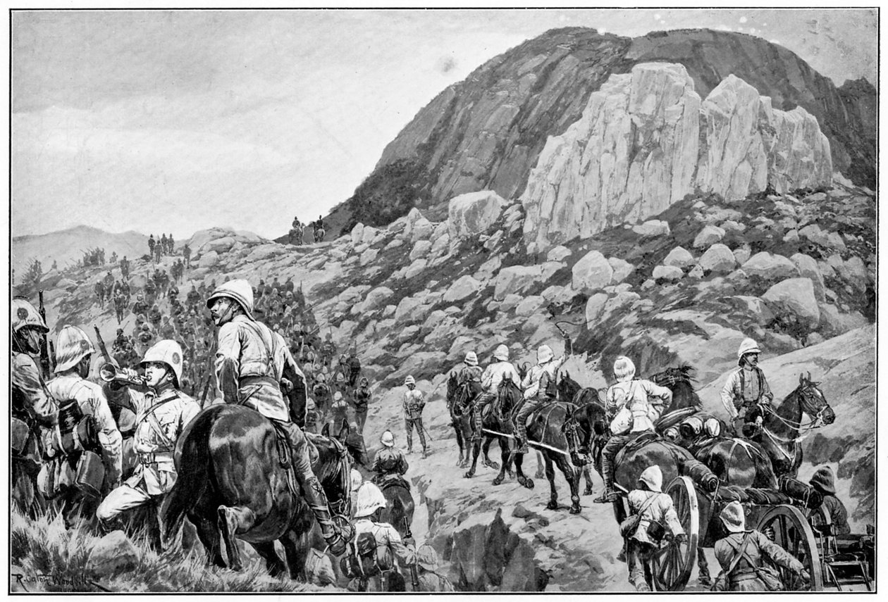 Britisk artilleri går til angreb på Spion Kop, 2. Boerkrig, 24. januar 1900 af Richard Caton II Woodville
