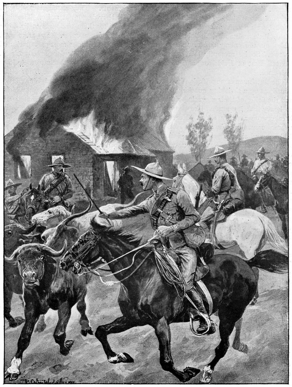 Britiske kolonitropper brænder en oprørsk boers gård. Efter maleri af R. Caton Woodville. 2. boer-krig 1899-1902. af Richard Caton II Woodville