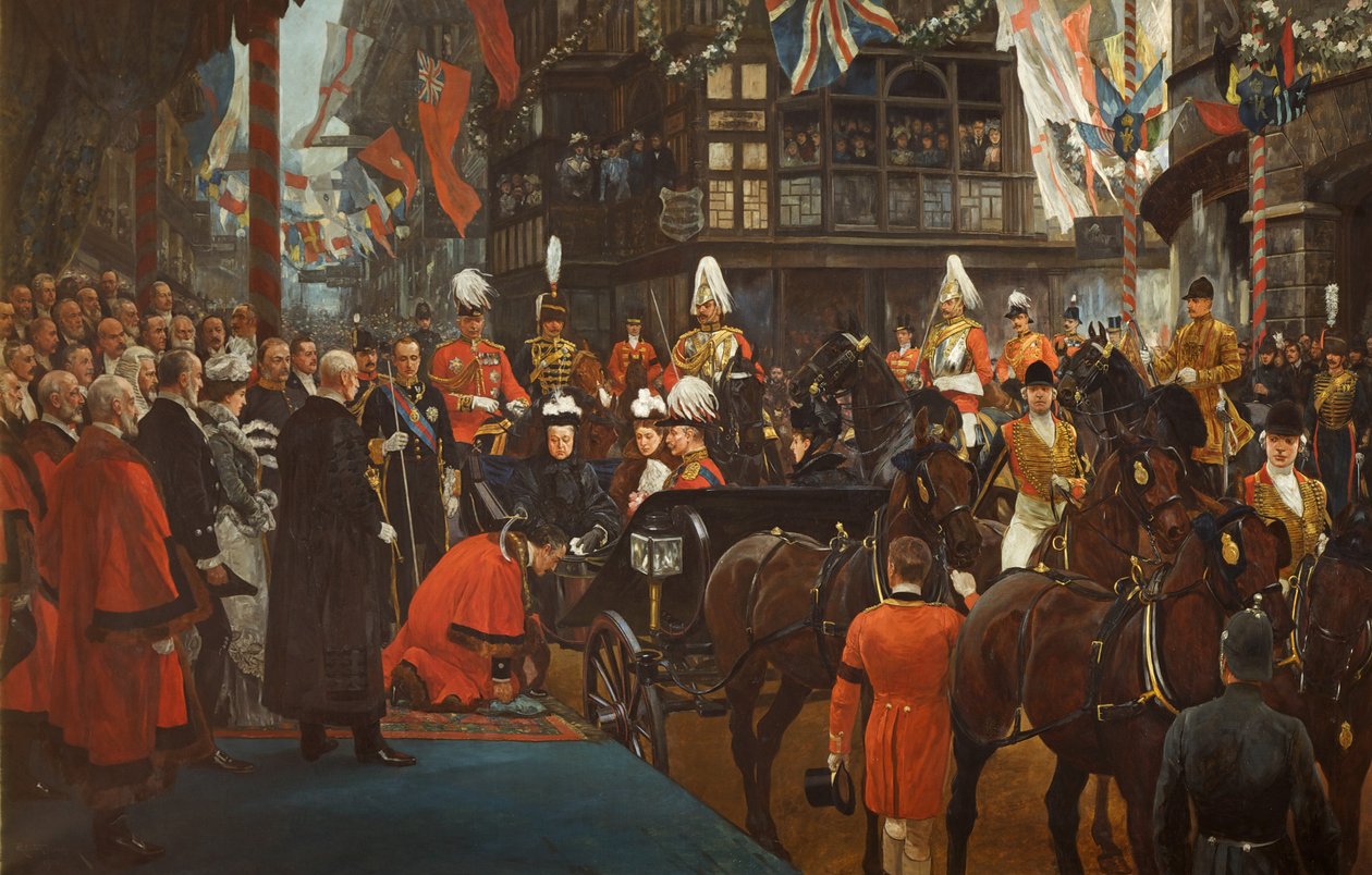 Queen Victoria Knighting Herbert Ashman, Esq., First Lord Mayor of Bristol, i Council House, 12. november af Richard Caton II Woodville