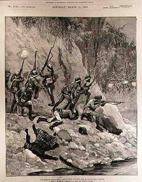 The Burmah Expedition: Fight with Dacoits, 12. januar, nær Shoay Green, fra The Illustrated London News, 13. marts 1886 af Richard Caton II Woodville
