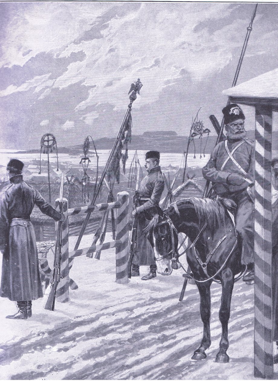 En kosakstation i Manchuriet med stammeskilte over herrehytterne, illustration fra Cassells History of the Russo-Japanese War Vol 1, ca. 1900 af Richard Caton Woodville