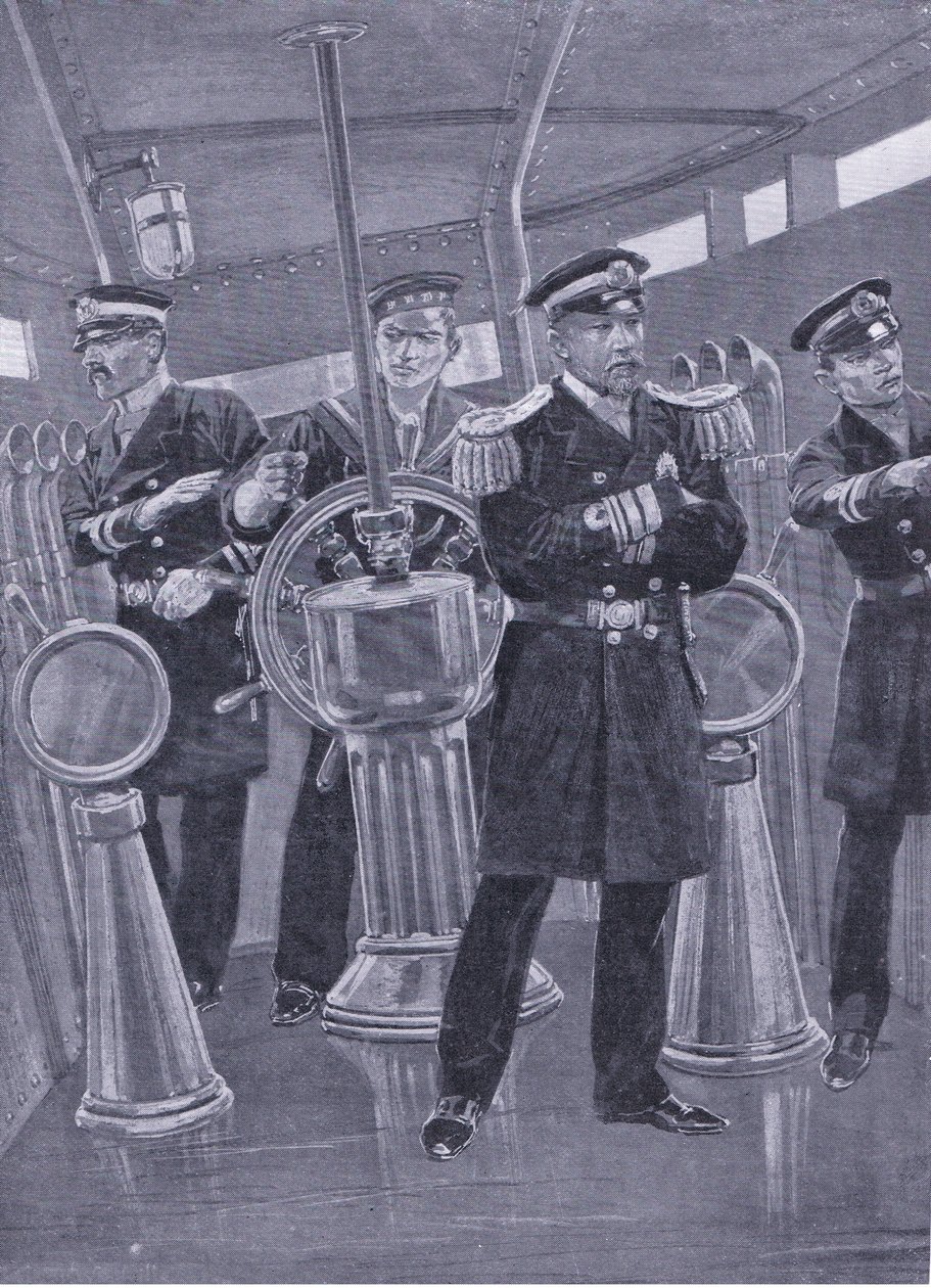 Admiral Togo i Conning Tower på sit flagskib, dirigerer en flådeaktion, illustration fra Cassells History of the Russo-Japanese War Vol 1, ca. 1900 af Richard Caton Woodville