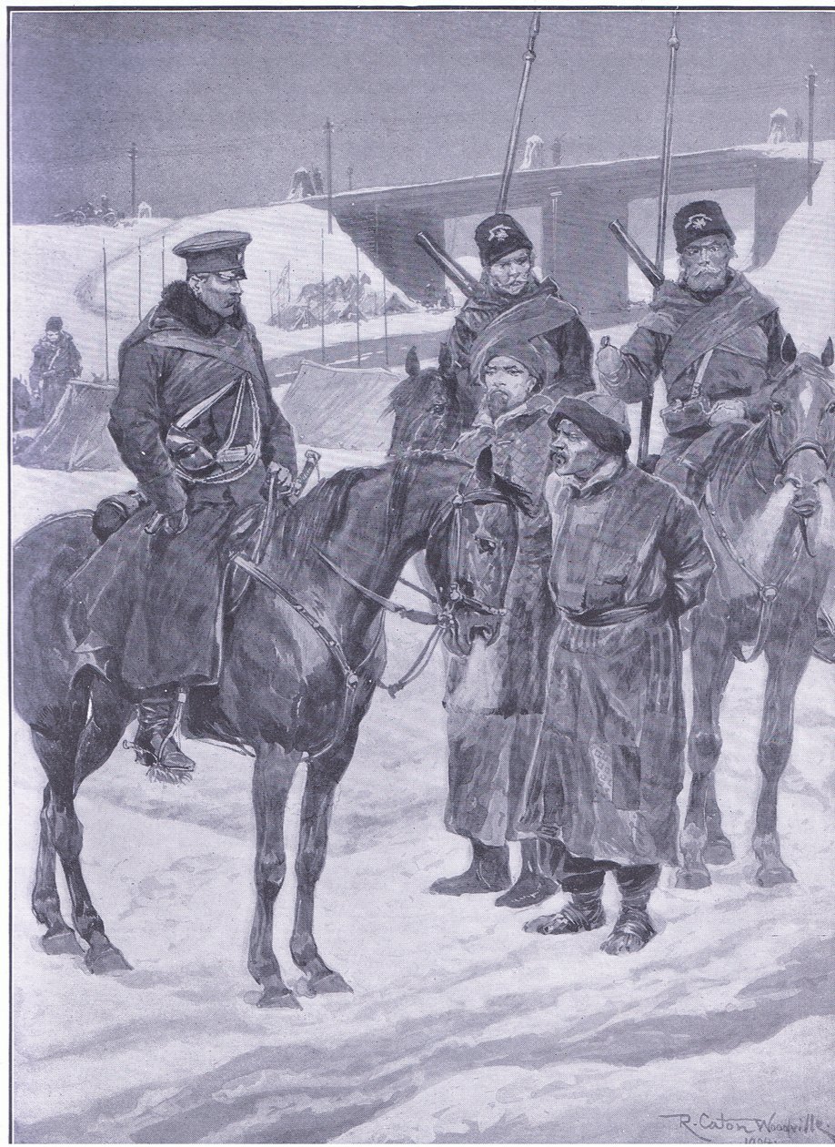 Anholdelse af japanske spioner opdaget som kulier, illustration fra Cassells History of the Russo-Japanese War Vol 1, ca. 1900 af Richard Caton Woodville