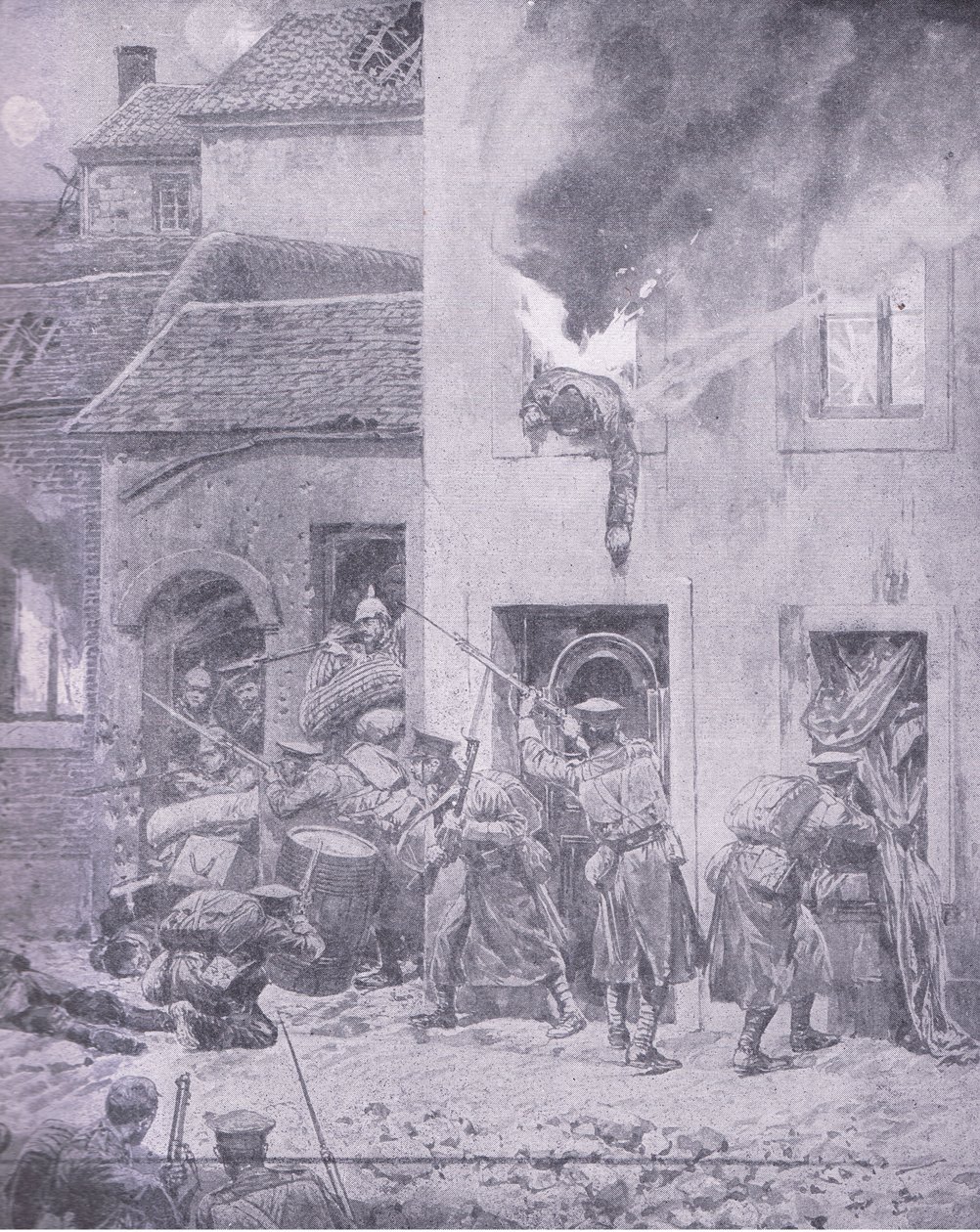 I greb med fjenden: Hus til hus-kampe ved Ypres, fra History of the Great War Vol 3 udgivet af Waverley Book Co Limited, ca. 1920 af Richard Caton Woodville