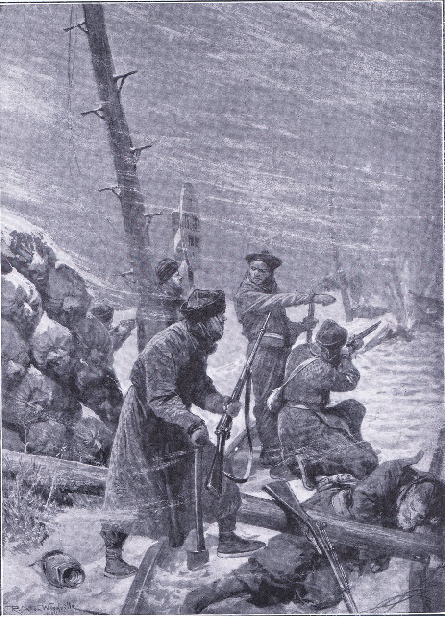 Chunchuses angreb på jernbanen, illustration fra Cassells History of the Russo-Japanese War Vol 1, ca. 1900 af Richard Caton Woodville