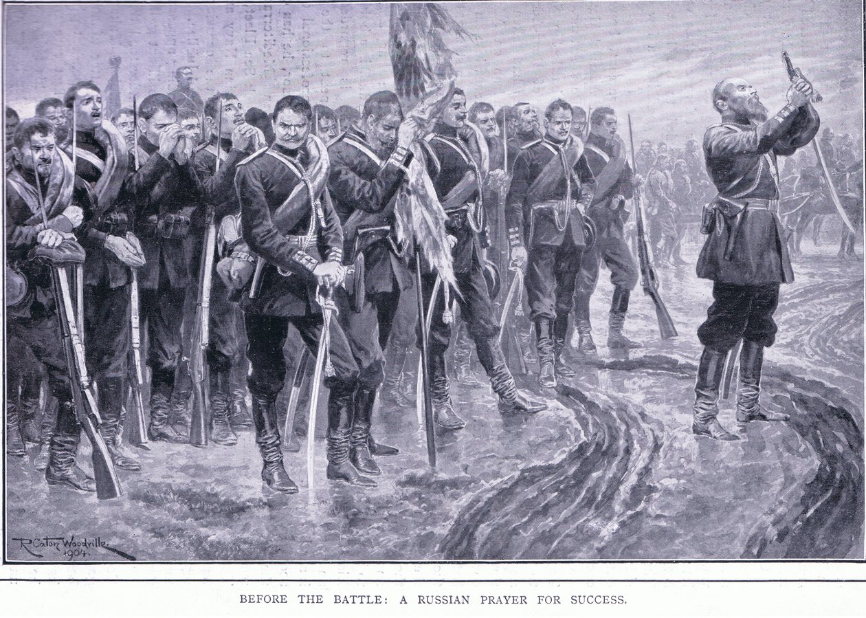 Før slaget: En russisk bøn om succes, illustration fra Cassells History of the Russo-Japanese War Vol 1, ca. 1900 af Richard Caton Woodville