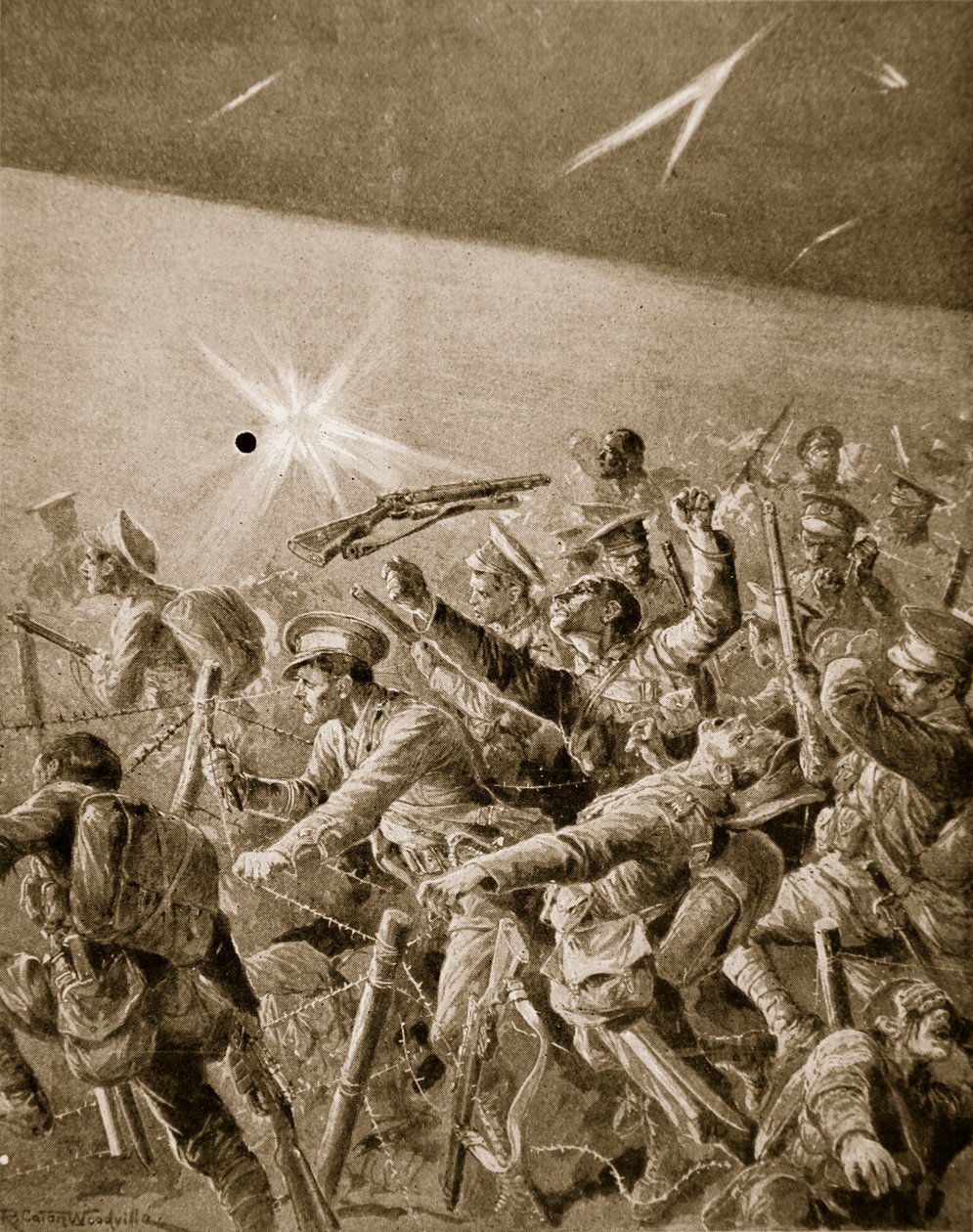 Britisk infanteri tvinger sig vej gennem tyske trådforviklinger, 1914-19 af Richard Caton Woodville