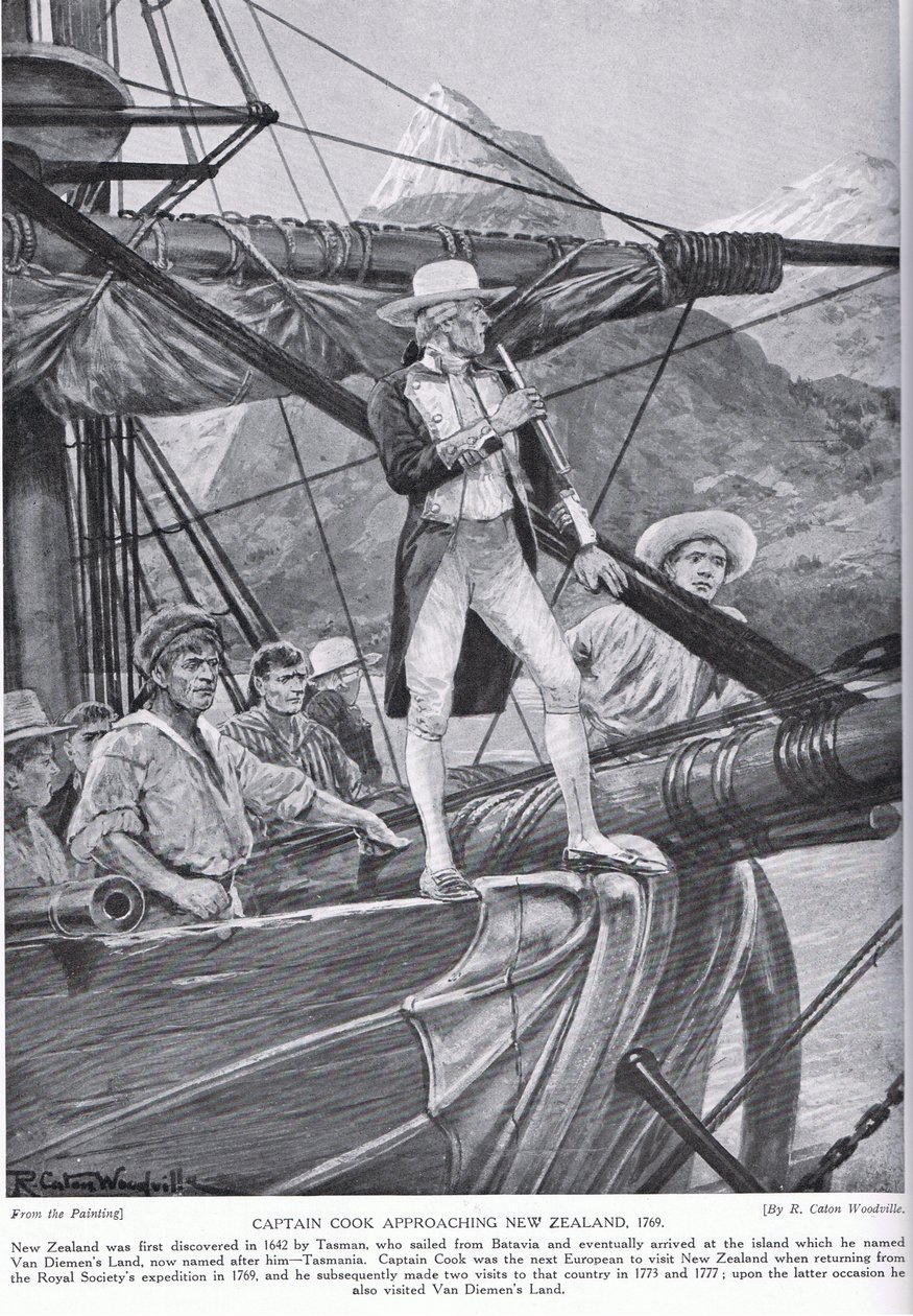 Kaptajn Cook nærmer sig New Zealand, illustration fra 