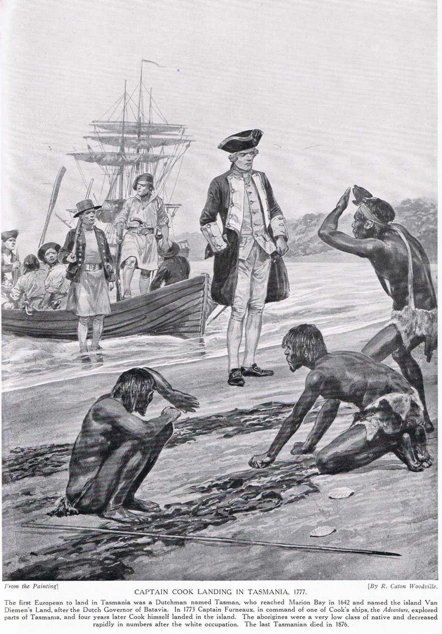 Kaptajn Cook lander i Tasmanien, 1777, illustration fra 