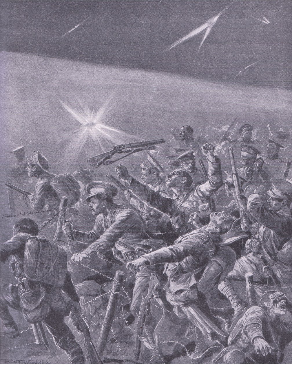 Fanget i pigtrådsforviklinger: Night attack by British infantry, fra History of the Great War Vol 3 udgivet af Waverley Book Co Limited, ca. 1920 af Richard Caton Woodville