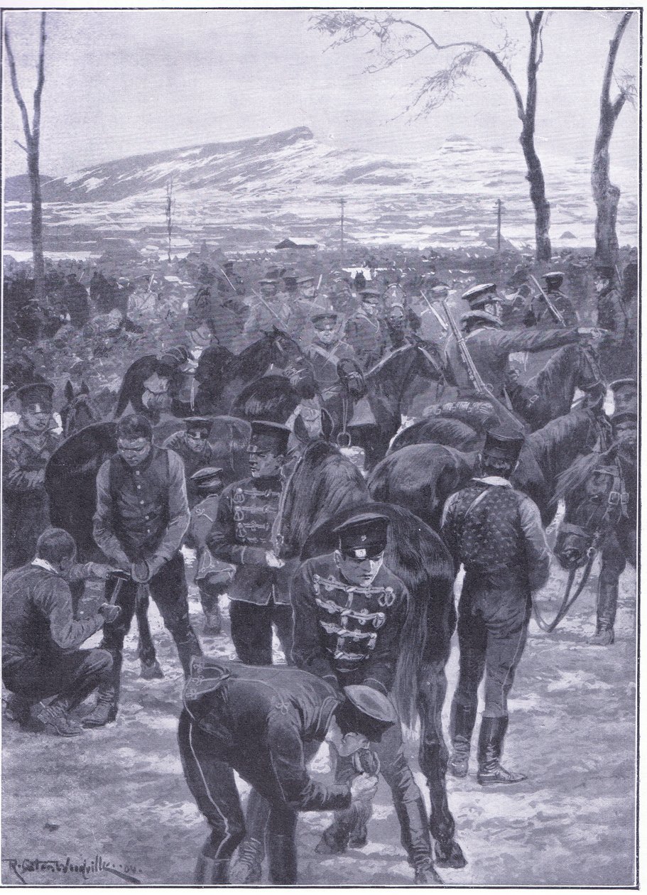 Japansk kavalerilejr i Seoul: Beslagsmeder på arbejde, illustration fra Cassells History of the Russo-Japanese War Vol 1, ca. 1900 af Richard Caton Woodville
