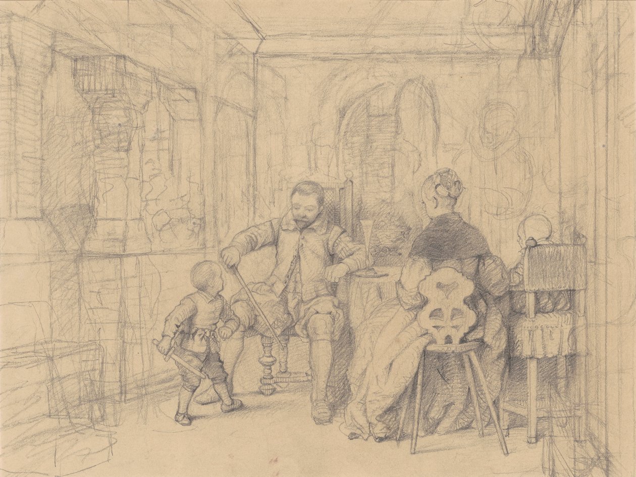 Fægtelektionen, ca. 1847-49 (grafit på vævet papir) af Richard Caton Woodville