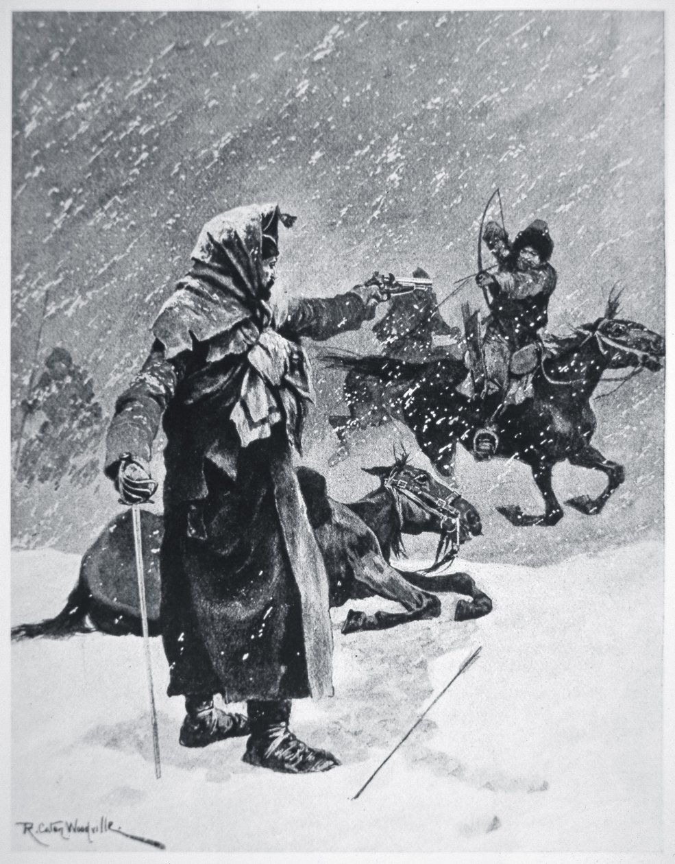 Turkisk-basjkirske kosakbueskytter forfulgte og forfulgte Napoleons hærs tilbagetog fra Rusland i 1812 (farve litho) af Richard Caton Woodville