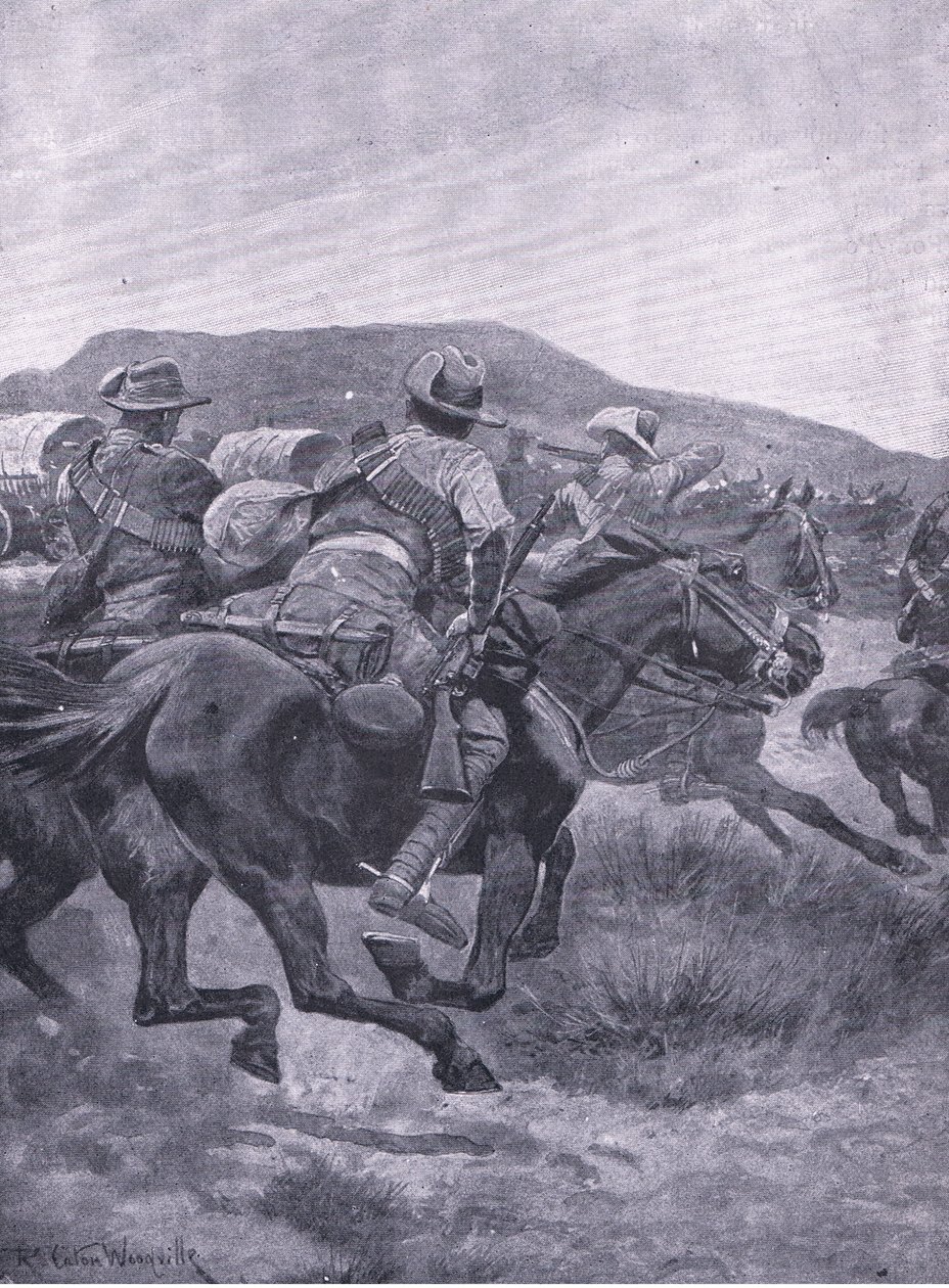 Yeomanry angriber De Wets bagtrop og transport, fra After Pretoria: The Guerilla War udgivet af Harmsworth Bros Limited, 1901 af Richard Caton Woodville