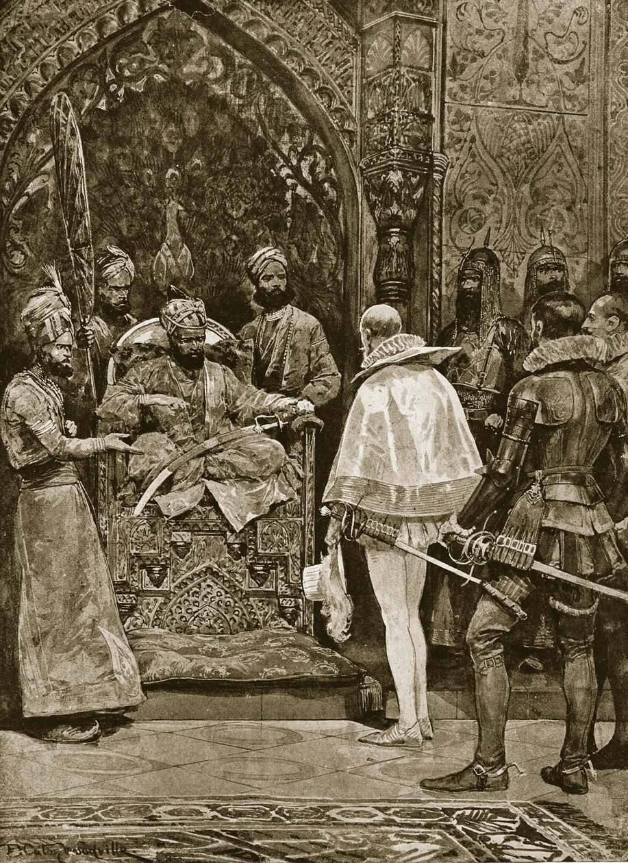 En tidlig engelsk ambassade til Indien, 1599, illustration fra "Hutchinson
