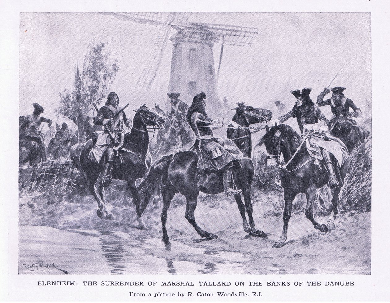 Blenheim, 13. august 1704: Marshall Tallards overgivelse ved bredden af Donau, illustration fra britiske slag på land og hav, 1915 af Richard Caton Woodville junior