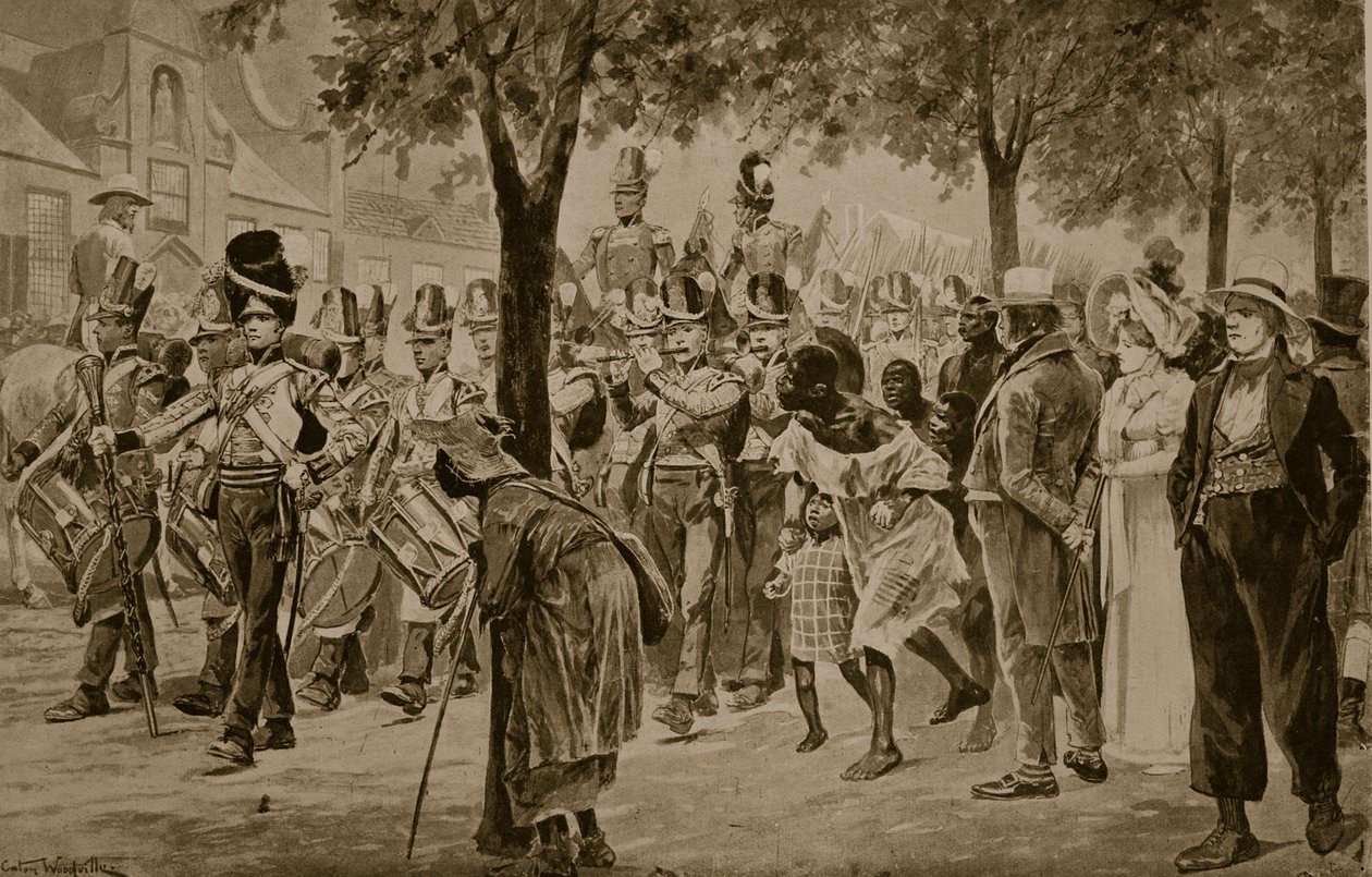 Britiske styrker marcherer ind i Cape Town, 1814, illustration fra "Hutchinson