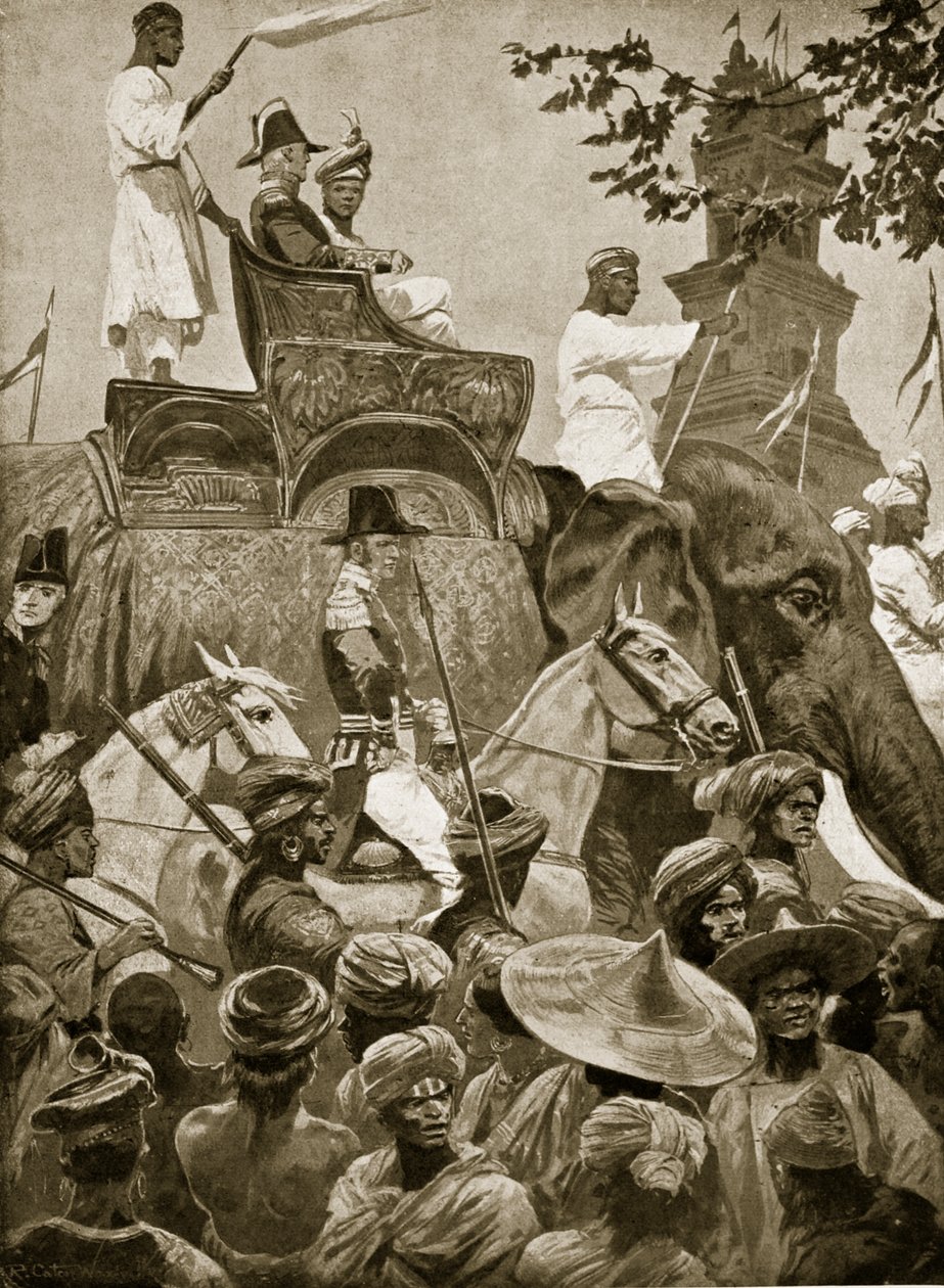 Britiske tropper på vej ind i Singapore, 1824, illustration fra 