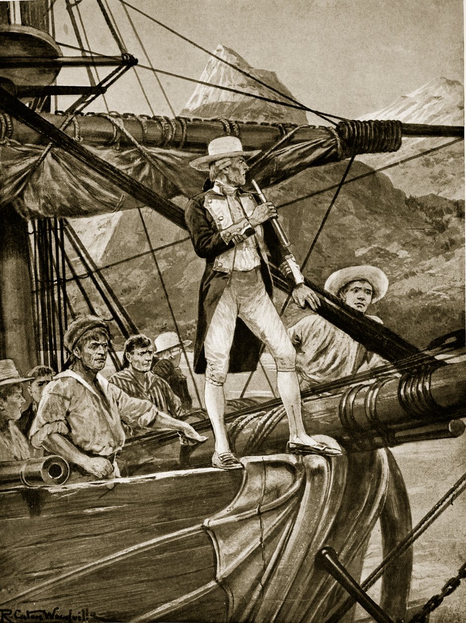 Kaptajn Cook nærmer sig New Zealand, illustration fra 