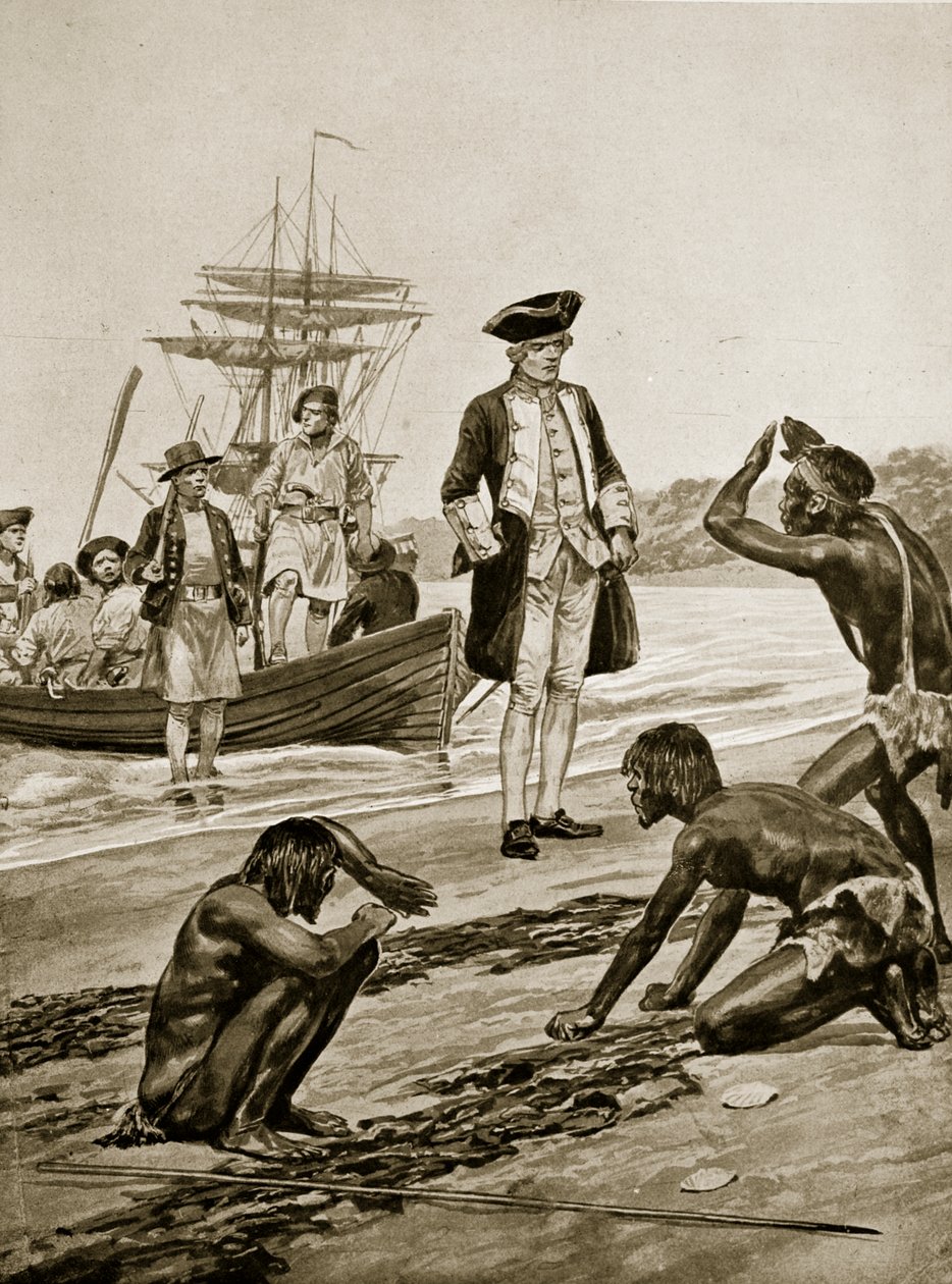 Kaptajn Cook lander i Tasmanien, 1777, illustration fra 
