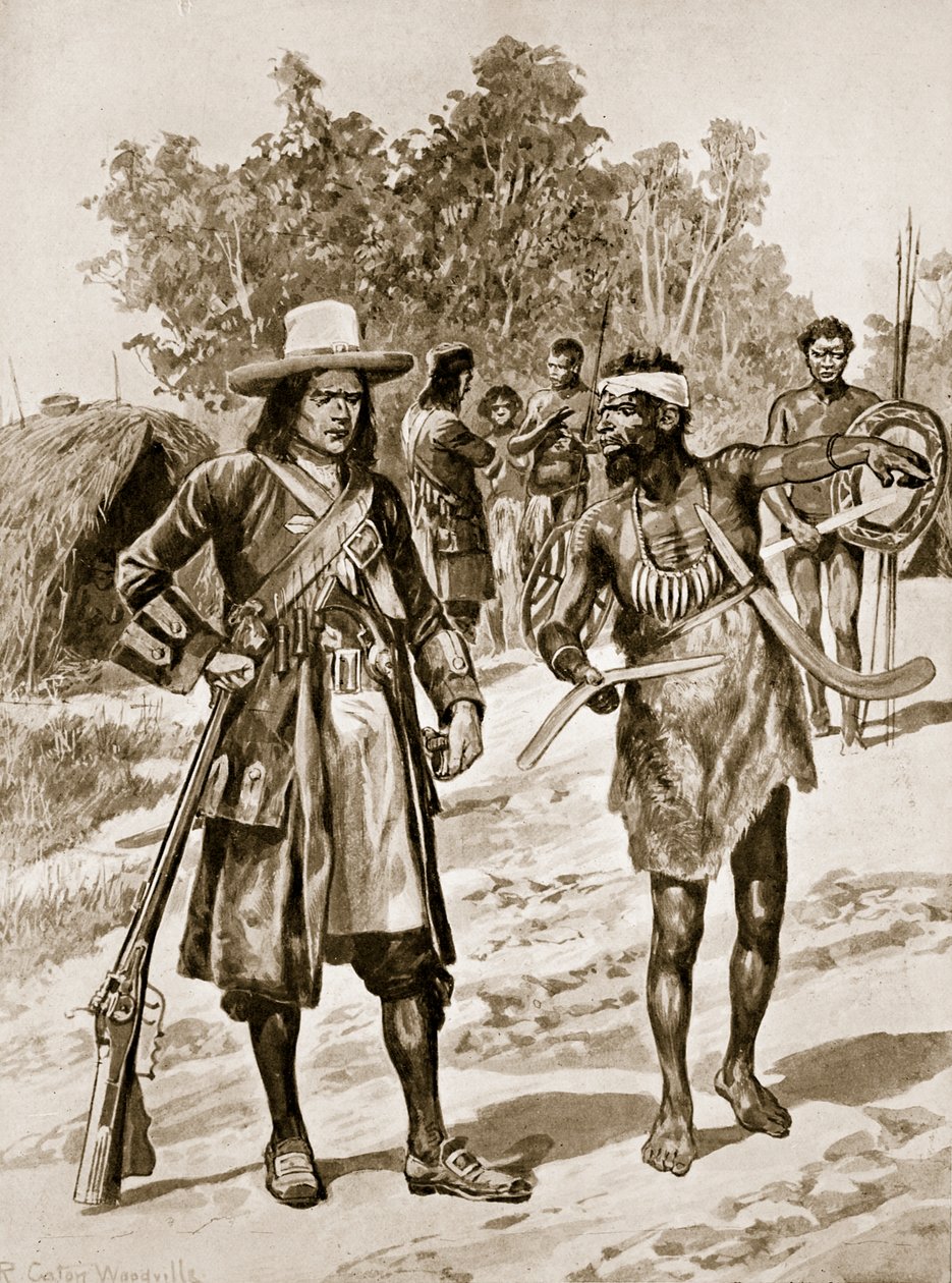 Dampier undersøger en boomerang i Australien, illustration fra 
