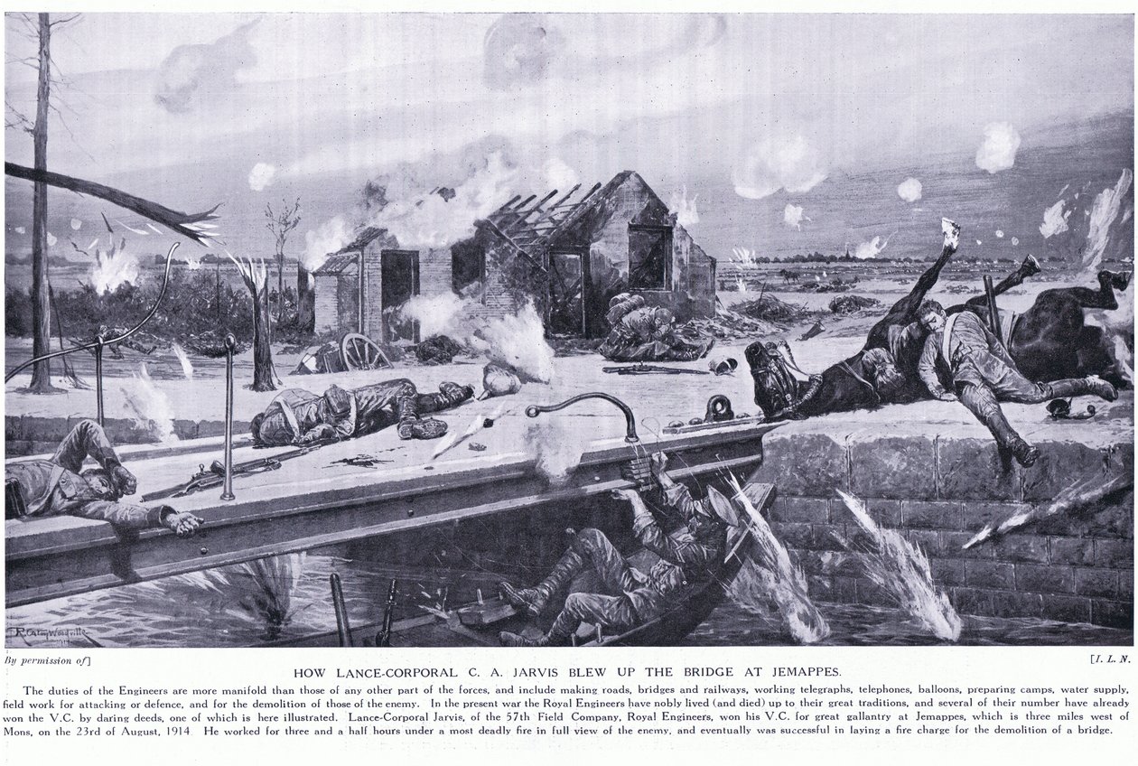 Hvordan underkorporal C A Jarvis sprængte en bro ved Jemappes nær Mons i luften og vandt VC, august 1914 af Richard Caton Woodville junior