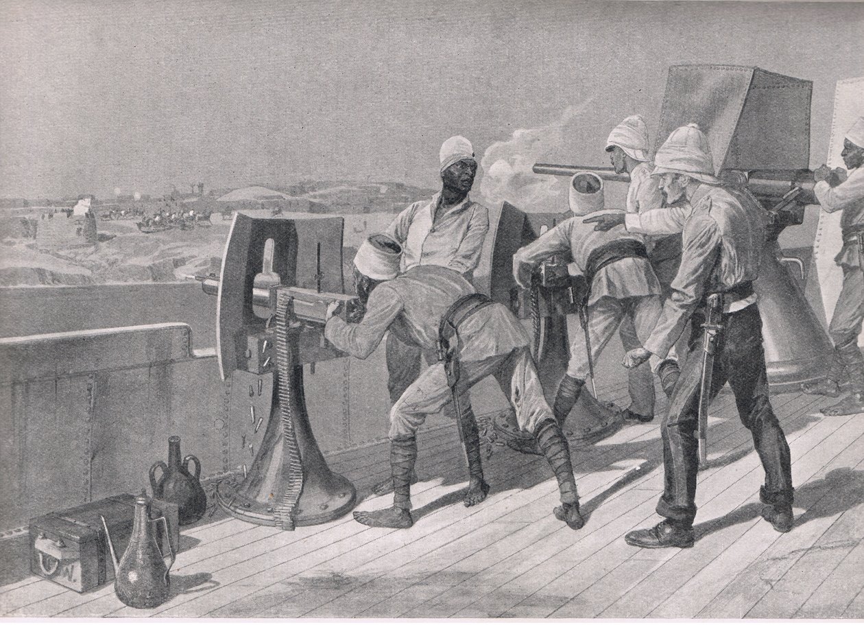 På vej op ad Nilen: Firing at the Dervishes, illustration fra British Battles on Land and Sea, 1915 af Richard Caton Woodville junior