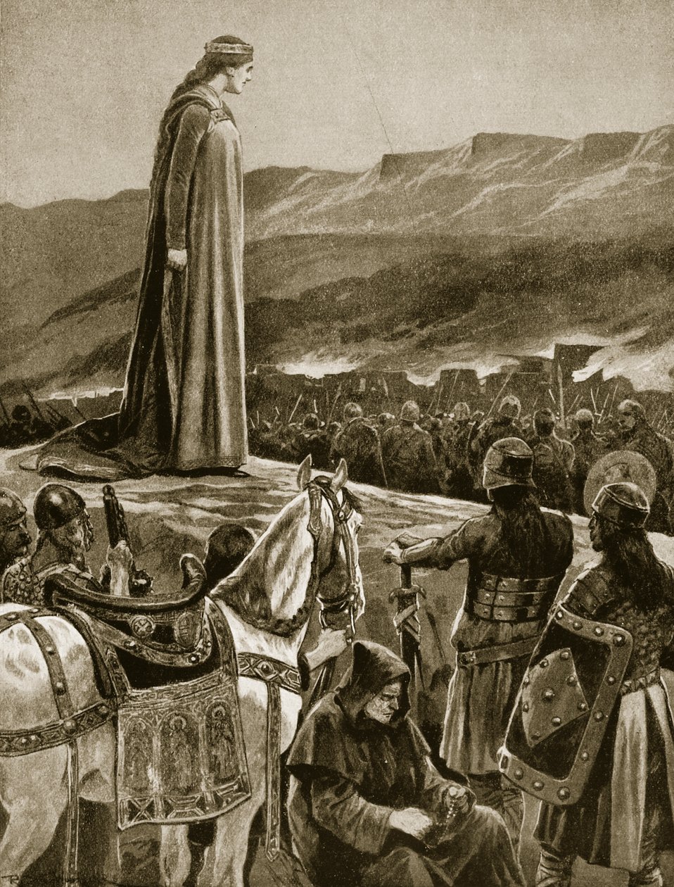 Dronning Ethelfled ser stormen af Brecon, illustration fra 