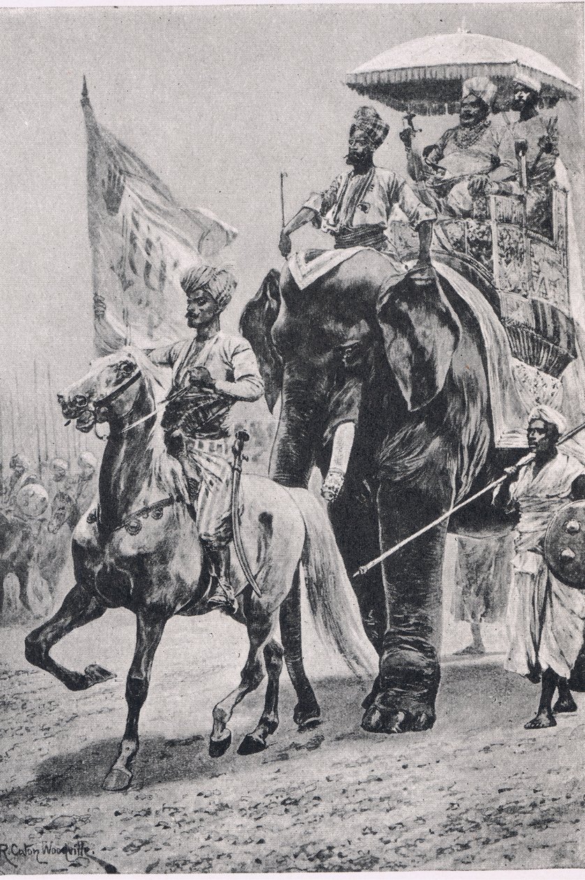 Suraj-ud-Daula ved Plessey, 23. juni 1757, illustration fra British Battles on Land and Sea , 1915 af Richard Caton Woodville junior