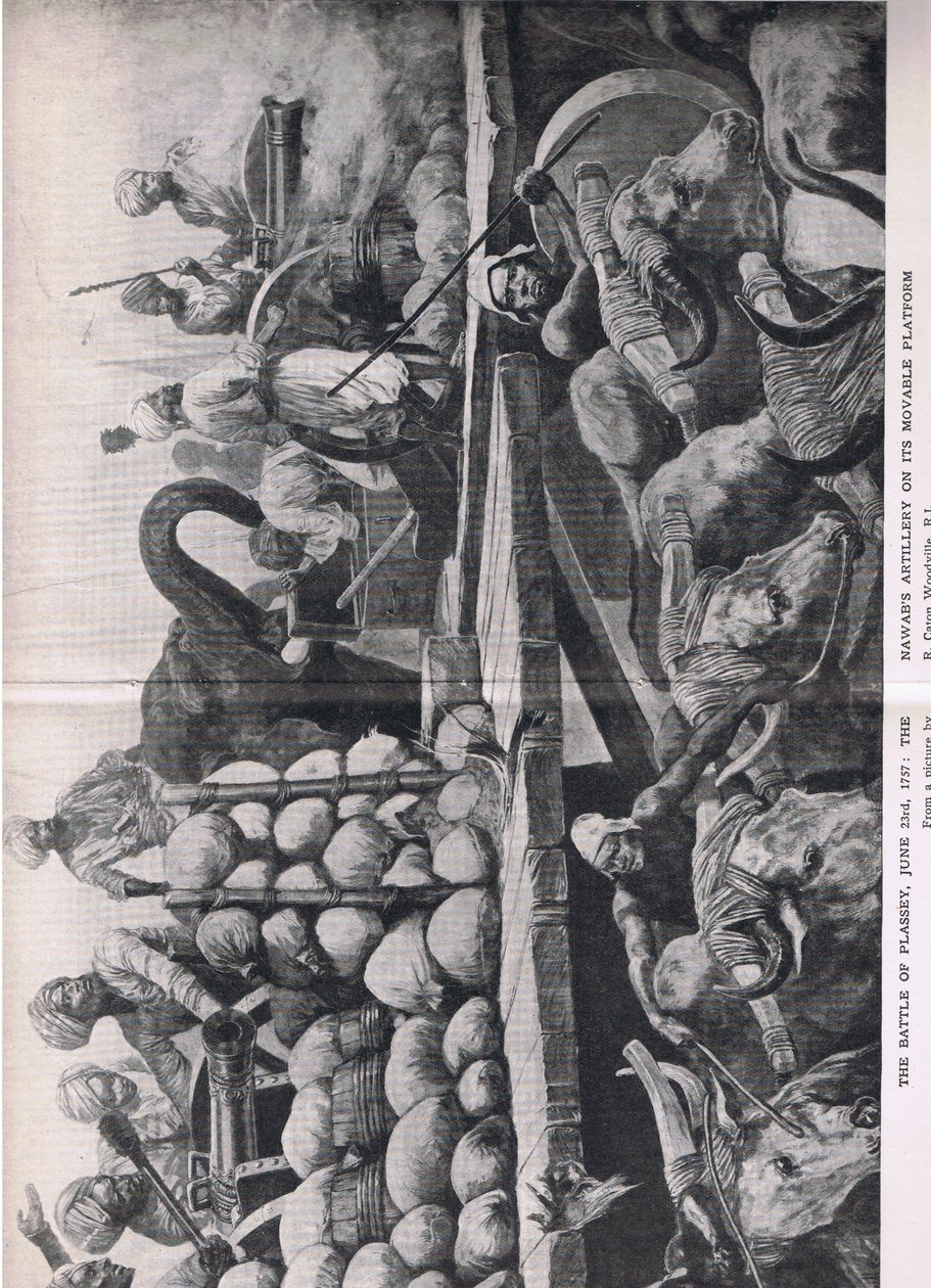 Slaget ved Plessey 23. juni 1757: Nawabs artilleri på sin flytbare platform, illustration fra British Battles on Land and Sea , 1915 af Richard Caton Woodville junior