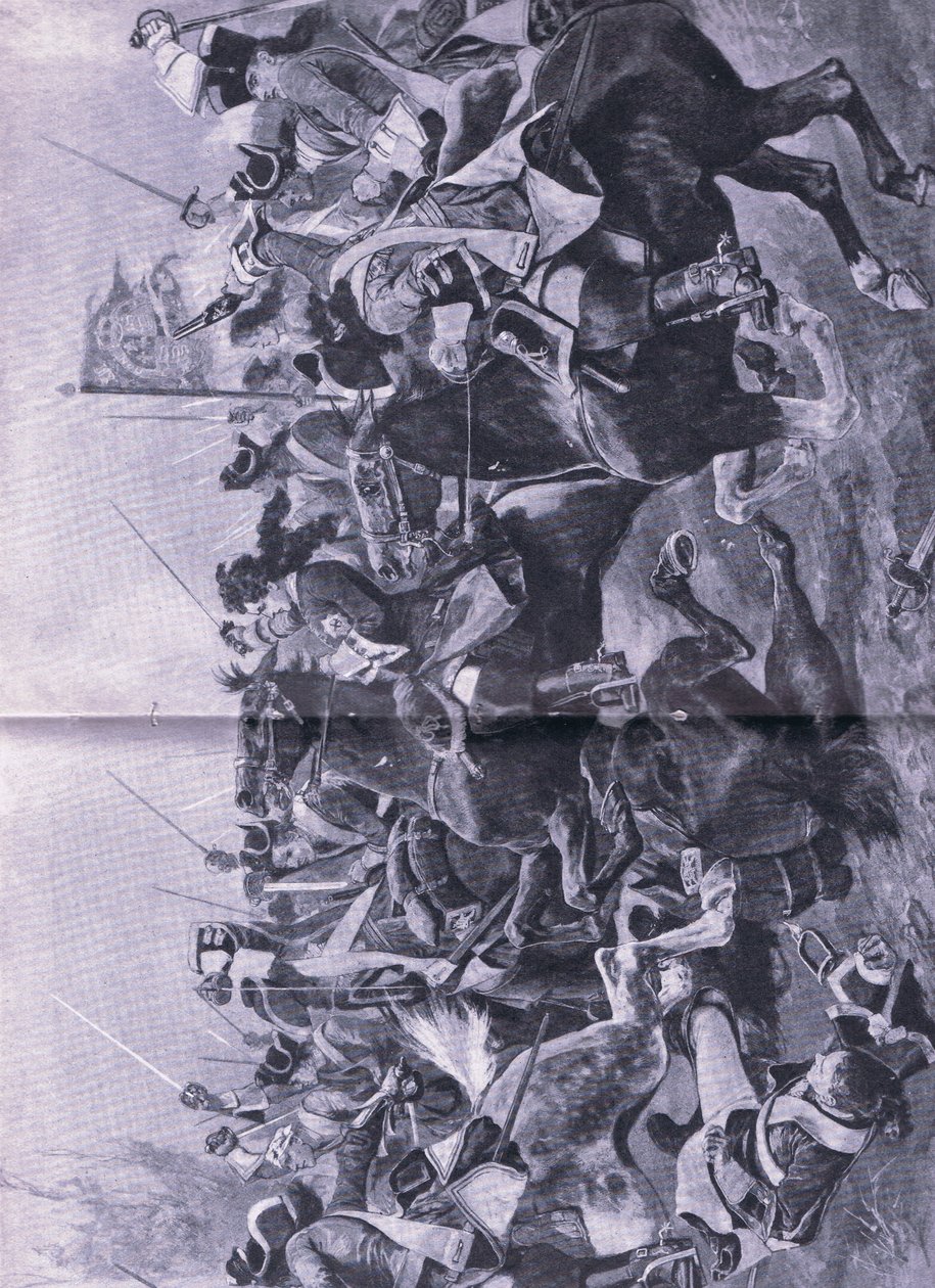 Kavalerikonflikten ved slaget ved Ramilles, 3. maj 1706, illustration fra britiske slag på land og hav, 1915 af Richard Caton Woodville junior